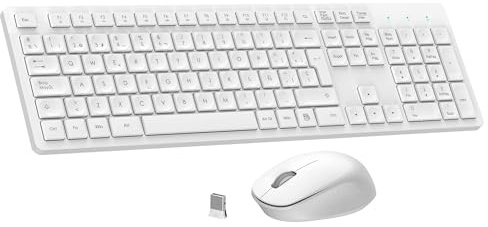 LeadsaiL Teclado y Raton Inalámbrico, Teclado y Raton Inalambrico Ergonómico, Español QWERTY, Tamaño Completo con Teclado Numérico, Receptor USB 2.4 GHz for Mac, PC, Ordenador Portátil-Blanco
