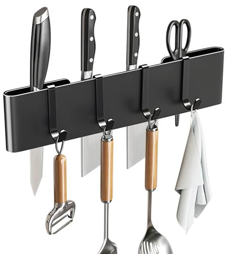 GHKLNY Porte-couteaux mural en acier inoxydable, moderne, noir, 20 cm + 4 crochets