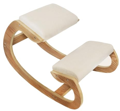Ergonomic Kneeling Chair Wooden Oak White Linen Fabric 8cm Thick Padded Cushion Office Home Rocking Orthopaedic Posture Stool Back Knee Support 120kg Capacity FREE Keyboard and Mouse Wrist Rest Pads