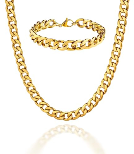 ALANETA Conjunto de Collar Cadena Cubana Maciza de 60cm + Pulsera de 18+5cm para Hombres Cadena de Acero Inoxidable bañada en oro 18k. Joyería para Hombres (Oro 18k 7mm)