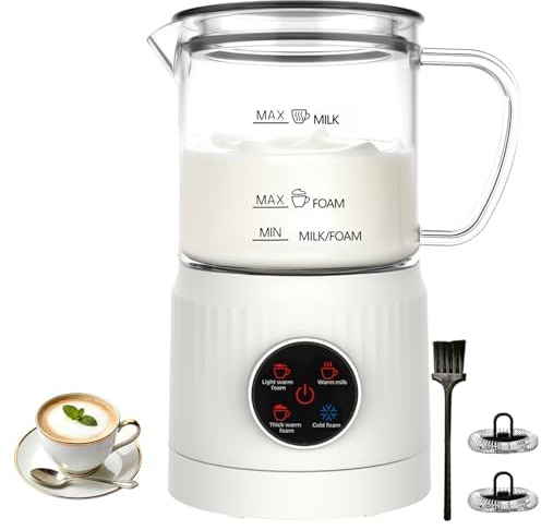 Casimhu Montalatte elettrico e scaldalatte, 4 in 1, schiumalatte automatico per caldo e freddo, montalatte elettrico in vetro visivo, per caffè, latte, cappuccino, bianco