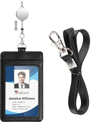 Teskyer Microfaser-Leder Ausweishülle mit Band - Ausweishalter Ausziehbar für 2 Karten, Transparentes Fenster, Vertikales, Schwarz