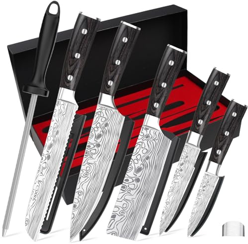 GlowTrix 5PCS Chef Knife Set, Professional Kitchen Knife Set with High Carbon German Stainless Steel Sharp Cooking Knives Nakiri Knives Bread Utility Fruit Knifes Sharpener Rod Finger Guard Gift Box