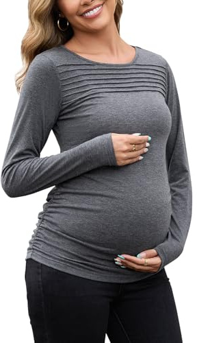 SWEETBUMP Maternity Long Sleeve Tops for Women Pleated Crewneck Pregnancy Shirts Dressy Work Blouses Trendy Basic Tunic,Dark Grey M