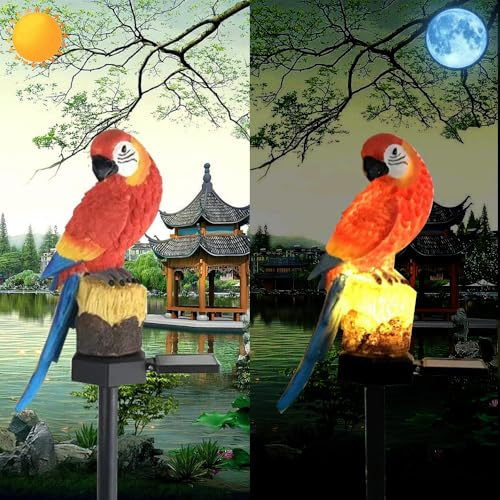 YZYOE Energia solare luce pappagallo rosso, decorazione giardino resina carina lampada di terra animale, tramonto senza fili all'alba luci LED sconce impermeabile.
