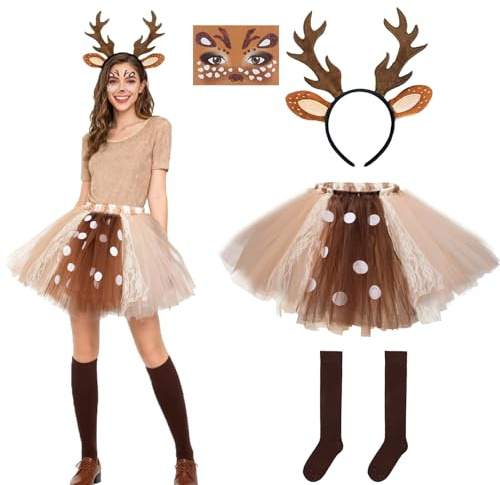 Tobriavor Disfraz Reno Mujer,Diadema Cuernos de Reno Falda Tutú Disfraces Animal Disfraz Navidad Carnaval Fiesta Cosplay Adulto