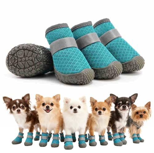 GAZIL Set di 4 Scarpe per Cani per Zampe Ferite, Stivaletti Antiscivolo Traspiranti con Mesh, Protettori Regolabili Contro Gelo e Neve per Cani di Piccola e Media Taglia Blu