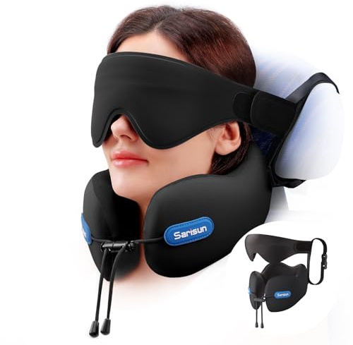 SARISUN Nackenkissen Flugzeug Travel Pillow for Airplanes, Nackenstützkissen, Reisekissen mit Gurt und 3D-Augenmaske für Schlafkomfort, Memory-Schaum für Lange Flugreisen und Autofahrten, Schwarz