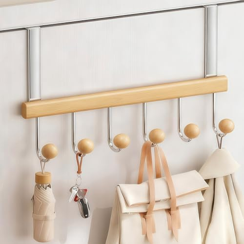 Arimsoa Over The Door Hook, Over Door Hanger with 5 Wooden Hooks Heavy Duty Door Coat Hanger, Over Door Hooks with Rust Resistant Finish for Coats, Hats, Bags