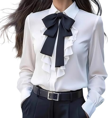 HAOLEI Satin Shirts for Women UK 2025, Ladies Satin Silk Blouses Elegant Bow Tie Neck Vintage Long Sleeve Shirts Going Out Solid Color Casual Smart Business Work Office Tops White