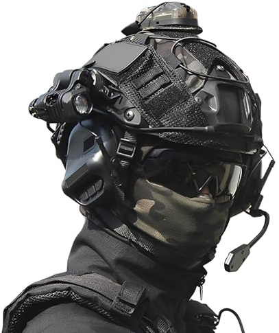 LZAQHMT Ensemble Casque Airsoft Fast Tactical avec Casque Tactique, Lunettes Protection Antibuée, Lampe Signalisation Lampe Torche Housse Casque Amovible pour Chasse, Paintball Et Cosplay(Black)