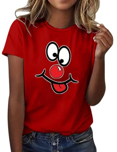 Ladies Tops 2026 Red Nose Funny Printed Shirts Round Neck Short Sleeved T Shirt Top Red Nose Charity Event Celebration Tshirt Daily Unisex Tee Top