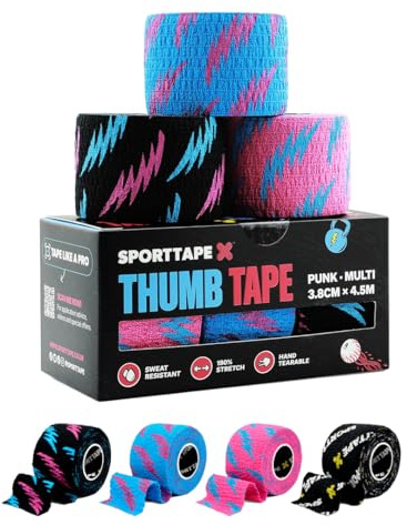 SPORTTAPE 3 Rotoli Nastro Pollice Sollevamento Pesi 3,8cm x 4,5m – Misto | Nastro Grip a Uncino per CrossFit & Powerlifting | Anti-Sudore, Facile da Strappare, Protezione per Mani e Dita
