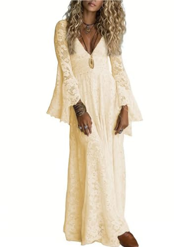 Minetom Vestito Lungo Donna Estivo Scollo A V Stile Boho Hippie Vintage Cowgirl Abito Maxi Etnico da Spiaggia Mare Casual Largo Comodo Vacanza I Bianco L