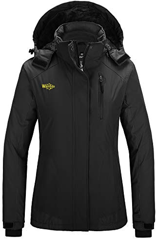 Wantdo Giacca da Sci Caldo Imbottita Invernale Parka da Neve Cappotto da Snowboard con Cappuccio Giubbotto da Viaggio a Vento Outdoor Donna Nero XL