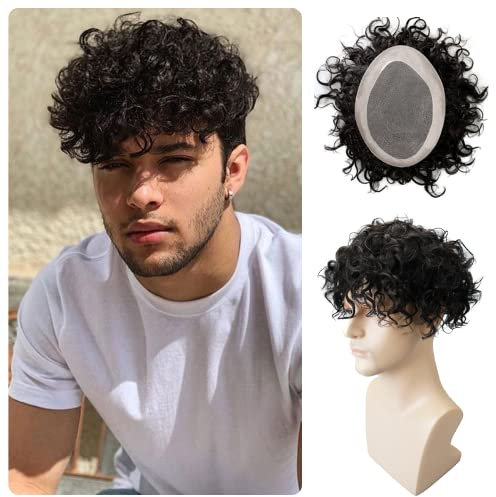 Lordhair Lockige Toupet für Männer, Echthaar-Toupet, Haarersatzsystem(15 * 20CM, Off Schwarz 1B#)