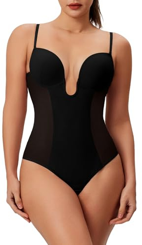 Decorus Women's Low Back Shapewear Tummy Control Deep V Neck Backless Body Shaper Plunge Thong Bridal Bodysuit Built in Bra