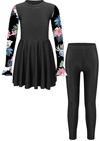 Doomiva 2PCS Mädchen Burkini Muslimische Badeanzug Islamische Bademode Langarm Schwimmanzug Blumendruck Badakleid Lang Badehosen Schwarz 170-176