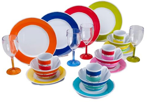 FLAMEFIELD Colours - Juego de 16 piezas de melamina, vajilla multicolor vibrante, platos duraderos, perfectos para picnics y fiestas coloridas, ilumina cada comida con esplendor