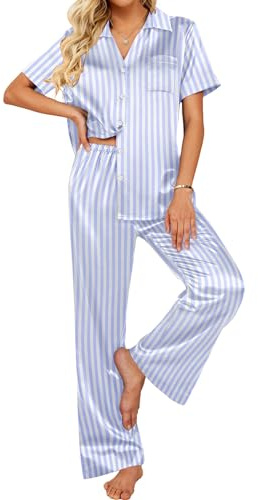 Ekouaer Silk Pajamas for Womens Set 2 Piece Satin Pjs Soft Button Down Sleepwear Wide Leg Long Pants with Pockets