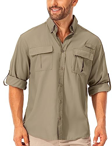 mosingle Men's Long Sleeve Hiking Shirt Safari Fishing Outdoor Shirt Sun Protection Quick Dry Lightweight Walking Travel Shirts #5053-Khaki-XXL