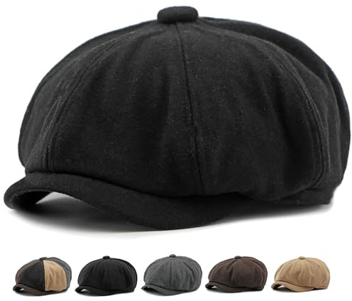 Xinveen Men's 8 Panel Newsboy Cap Vintage Tweed Cap Herringbone Cabbie Flat Cap Black