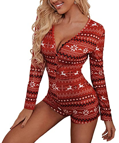 Qianderer Pyjama de Noël moulant pour femme - Col en V - Manches longues - Combinaison - Barboteuse - Vêtement de détente (Bb bordeaux, S), Bb Bordeaux, S