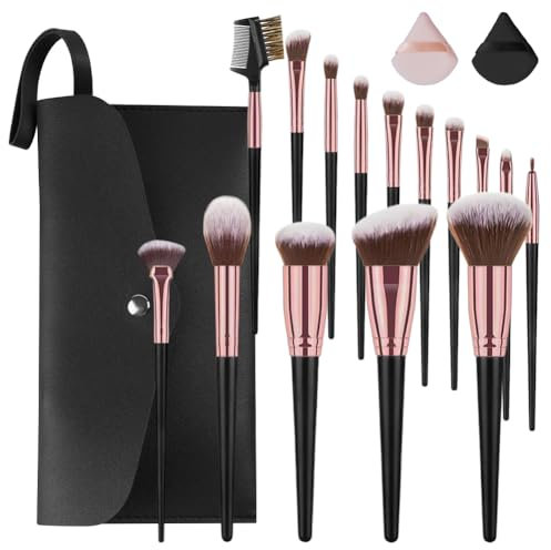 Vicloon Set Pennelli Trucco, 15 Pezzi Professionale Pennelli Make Up Pennelli con Ombretto Palpebra Eyeliner Mascara Sopracciglia Makeup Occhi per Donna con 2 Piumino per Cipria e Borsa Portaoggetti