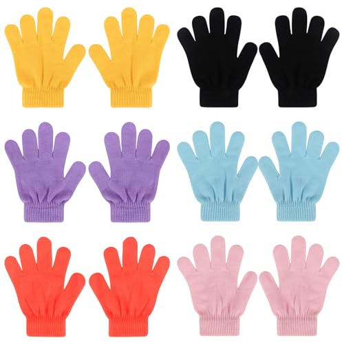 QKURT 6pcs des Gamins Gants Extensibles Magiques,Garçons Unisex Filles Gants tricotés avec les doigts pour tous les jours 4 à 12 ans