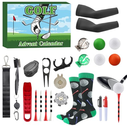 Masoog Golf Adventskalender 2025, minigolf verktyg adventskalender, 24 daglig kalender med te, bollar och markeringar för golfare att