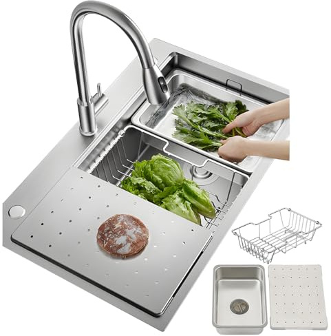 HZKSINNK 304 Stainless Steel Sink, 1 Basin, Built-in Sink, Brushed Kitchen Sink, Large Basin, 60 x 50 cm Depth, Handmade, Multifunctional Sink, with Siphon, Drain Fitting
