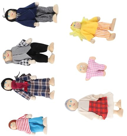 Fockety Accessorio per Casa delle Bambole per Famiglie Set di Giocattoli per Persone in Miniatura in Pino, Figure di Bambole Dal Corpo Morbido per il Gioco Fantasioso dei Bambini, Set di 7 Ideali