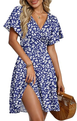 AUSELILY Robe d'Été pour Femmes Robe Portefeuille à Manches Courtes Volantées avec Col V, Imprimé Floral et Croisement Devant pour la Plage