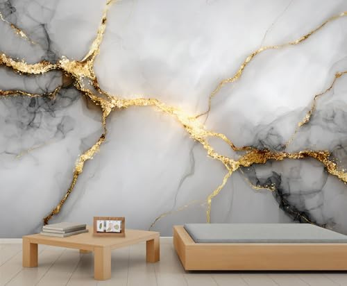 YEMYOR White Gold Marble Mural Wallpaper Gold Crack Marble Wallpaper for Living Room Bedroom Modern White Grey Wall Mural for Kitchen Restaurant Office-100x100cm
