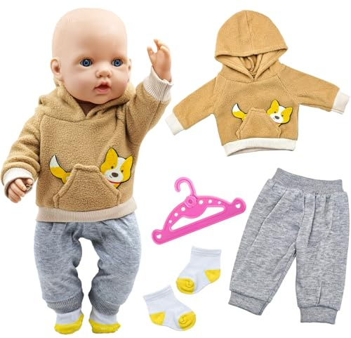 BBEUU Juego de Ropa para muñecas de 14 a 17 Pulgadas, Accesorios para muñecas Que Incluyen Sudadera, Pantalones, Calcetines y Perchas, Lindo patrón de Perro marrón Ropa para muñecas de 35-43 cm para