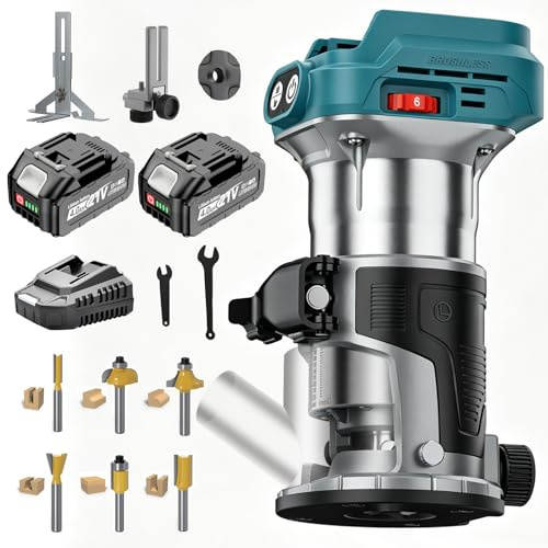 Yofuly Fresatrice Rifilatore per Legno Compatibile con Batterie Makita 18V, Fresa Legno con 2 Batterie da 4,0Ah | 6 Velocità | 28000giri/min, Fresatrice Verticale con Set di 6 Frese da 6,35 mm