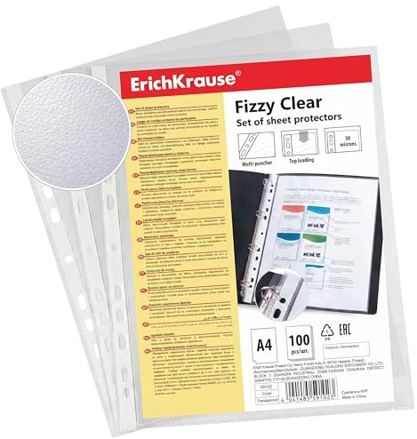 Alphaink Buste Trasparenti Anelli A4, 100 Pezzi, Finitura Buccia d’Arancia (Fizzy) 30 Micron, Multiperforate 11 Fori, PP, 23,5 x 30,5 cm