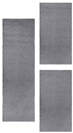 HomebyHome Tapis de Contour de lit Shaggy à Poils Longs Concevoir Unicolore Chambre à Coucher Doux et Moelleux Rectangulaire 3 pièces Coureur, Couleur :Gris, Parure de lit :2X 60x110 + 1x 100x200