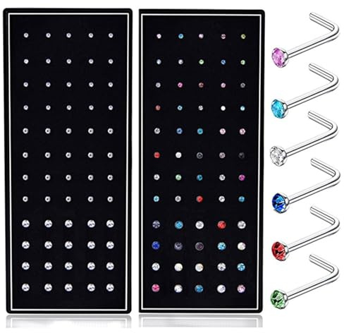 SMUOBT 120PCs 22G L Shaped Stainless Steel Nose Studs Rings Piercing Pin Body Jewelry 1.5mm 2mm 2.5mm a Set White and Colour