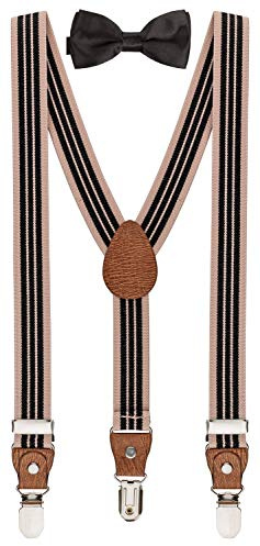 BomGuard Conjunto infantil de tirantes y pajarita – Negro rosa antiguo a rayas