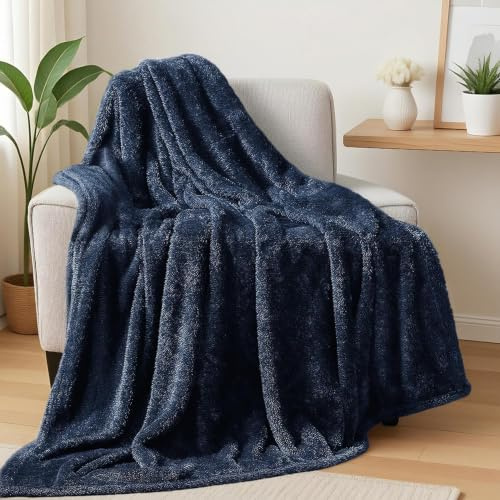 Exclusivo Mezcla plysch luddig fleecefilt 127 x 178 cm, supermjuka, fluffiga och varma filtar för soffan, säng, alla säsongsanvändning, marinblå