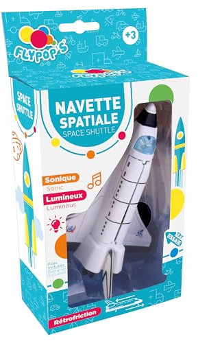 FLYPOP'S - Navette Spaciale - Espace - 022035 - Blanc - Métal - Véhicule Rétro-Friction - Sonique et Lumineuse - Jouet Enfant - Piles Incluses - 12 cm x 9 cm - À Partir de 3 Ans