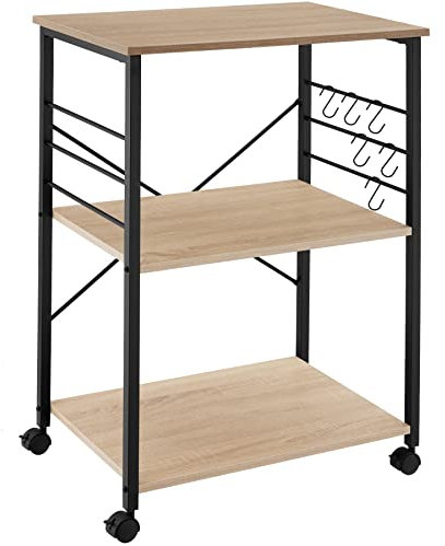 tectake® Servierwagen mit 3 Ablagen aus Holz, Küchenregal mit Rollen, 65,5 x 45,5 x 88,5 cm, Küchenwagen mit 6 Haken im Industrie-Design, schwarzes Metallgestell (Industrial Holz hell, Eiche Sonoma)