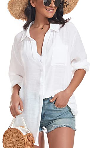 Century Star Womens Button Down Linen Shirts Vacation Outfits Loose Fit Long Sleeve Casual Oversize Collared Blouse White One Size