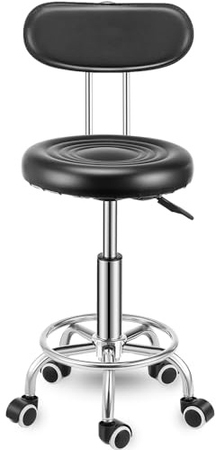 Oyajia® Taburete con ruedas con respaldo negro, altura regulable 47-60 cm, taburete giratorio con ruedas, silla de oficina, taburete giratorio