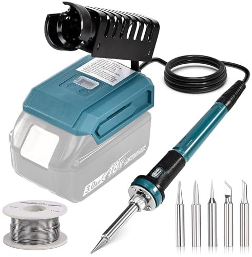 Yofuly Saldatore a Stagno Batteria per Makita 18V 21V Batteria, 60W Stazione Saldante 300-510 ℃ (572-950 ℉) Mini Saldatrice Portatile Soldering Iron con Filo di Saldatura e 5 Punte (Non Batterie)
