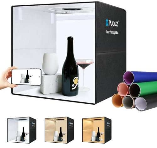 PULUZ Caja de luz para estudio fotográfico 50 × 50 cm (19,7 × 19,7 pulgadas), kit de tienda de campaña para fotografía plegable portátil con 160 perlas de luz LED + 12 fondos de colores + fuente de