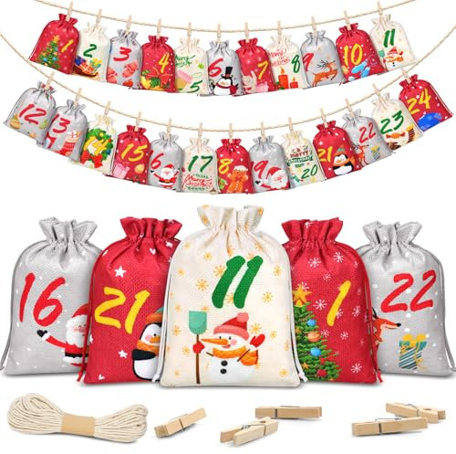 OrLume Adventskalender zum Befüllen 2024, Groß Weihnachtskalender Adventskalender Selber Befüllen 18 x 13 cm, 24 Stück Stoff Tüten Säckchen Weihnachtsdeko DIY für Frauen, Mädchen und Jungen