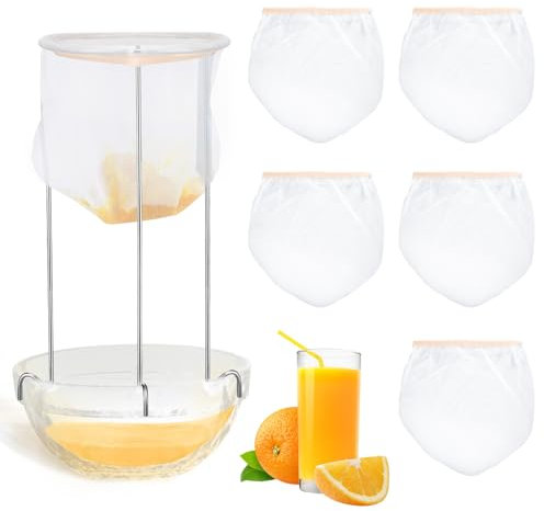 Jelly Juice Strainer Stand with 5 Reusable Straining Bag, Stainless Steel Food Strainer Mesh Filter Bag, Kitchen Utensil Juice Strainer After Juicing for Yogurt Nut Milk Cheese Broth (White)
