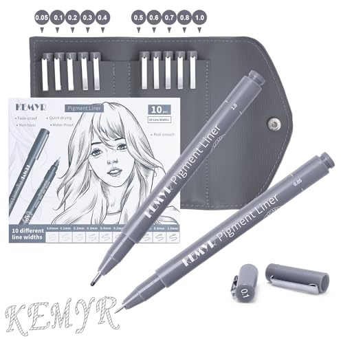 KEMYR 10 tamaños de bolígrafos de dibujo de punta fina, impermeables, tinta | Tinta de archivo, certificado AP, con funda, 0.05-1.0 mm, para ilustración, diario, bocetos, manga, dibujo